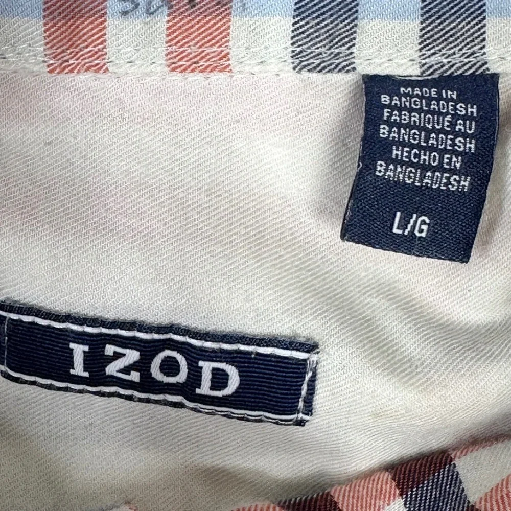 IZOD Button Down Shirt Mens Large Orange Blue Plaid Long Sleeve Cotton Blend‎